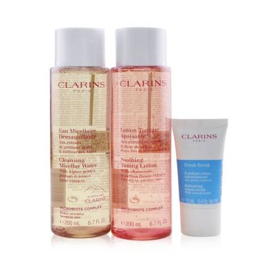 Clarins - Perfect Cleansing Набор (для Очень Сухой и Чувствительной Кожи): Мицеллярная Вода 200мл + Лосьон Тоник 200мл + Скраб 15мл + Сумка  3pcs+1bag
