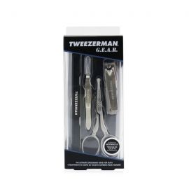 Tweezerman - G.E.A.R. Essential Grooming Набор: Заостренный Пинцет+Ножницы для Волос на Лице+Щипчики для Ногтей+Многофункциональный Инструмент для Ногтей+Кожаная Сумка  4pcs+1pouch